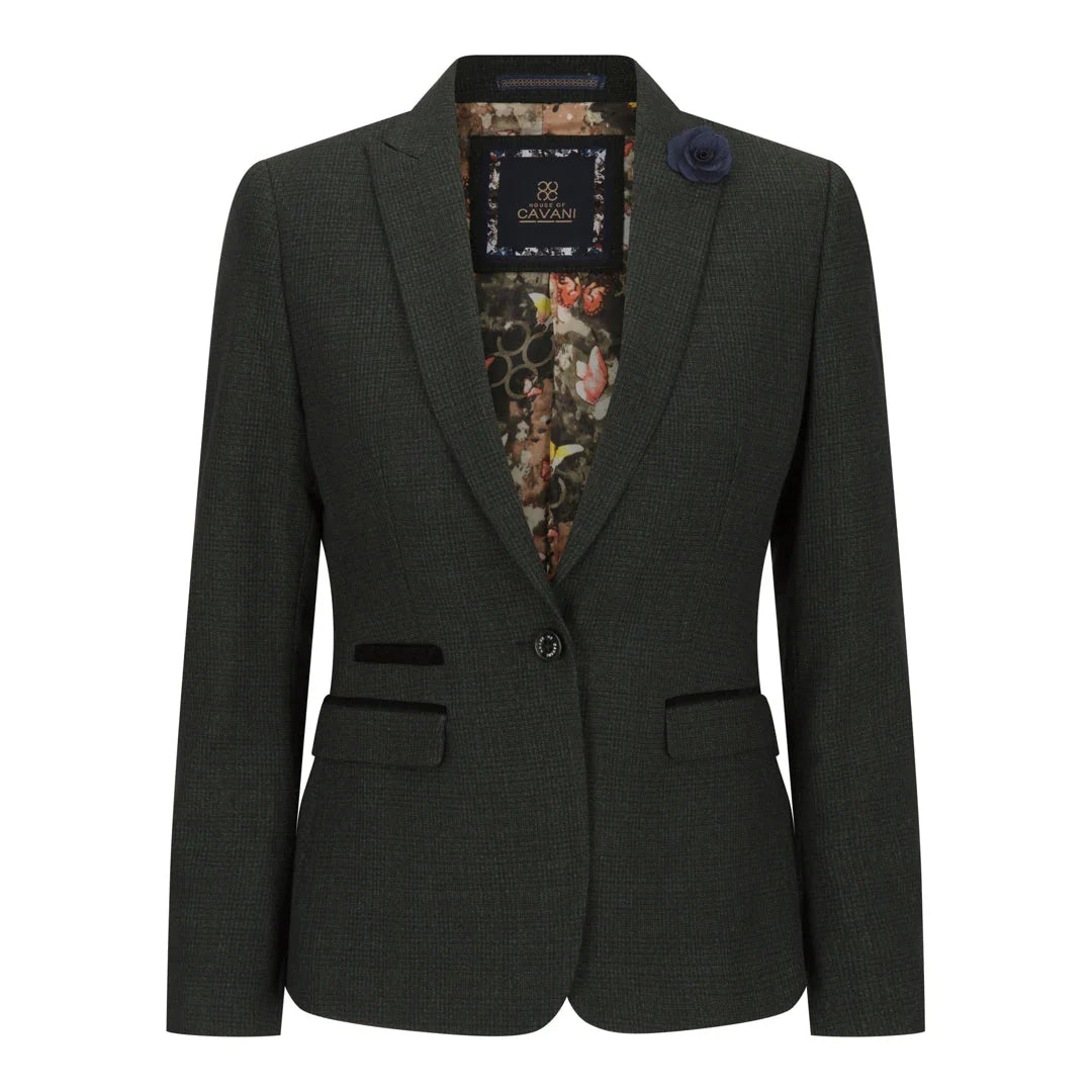 Women's Tweed Green Olive Blazer - Wool Check Classic Jacket (Caridi)