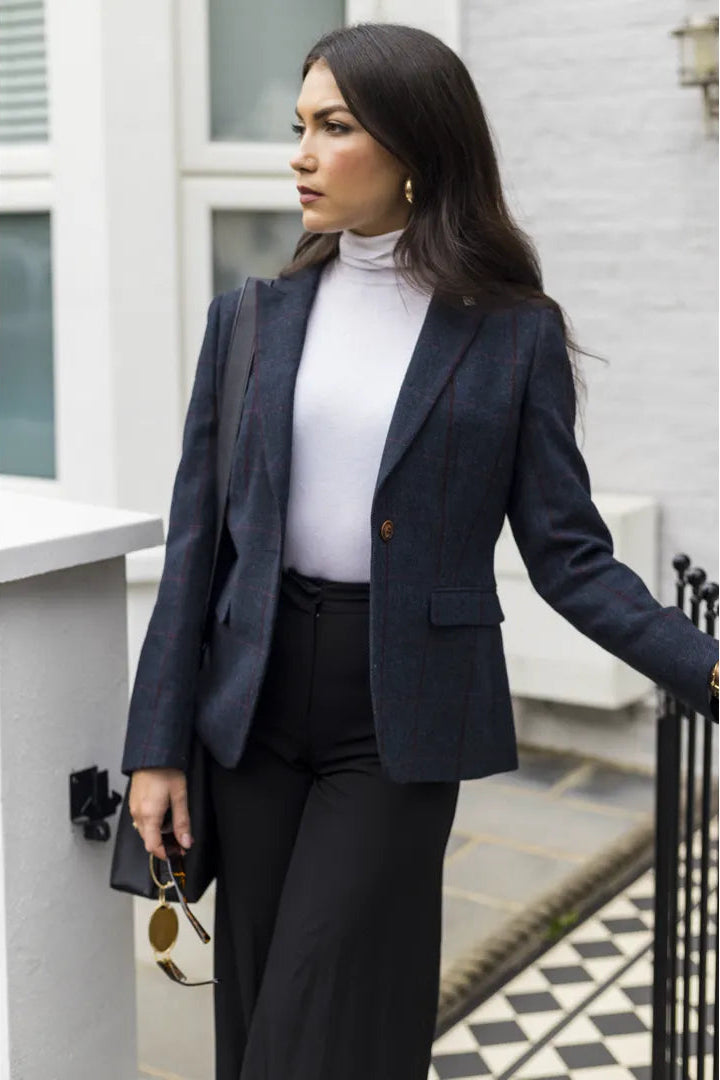 Women's Navy Tweed Tailored Blazer – Structured Office Jacket