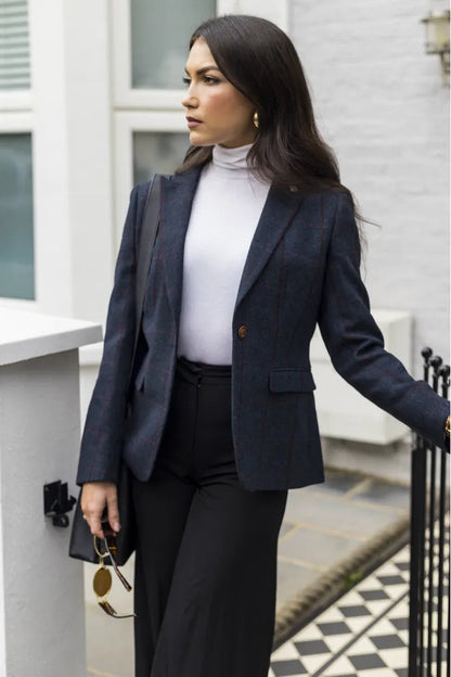 Women's Navy Tweed Tailored Blazer – Structured Office Jacket