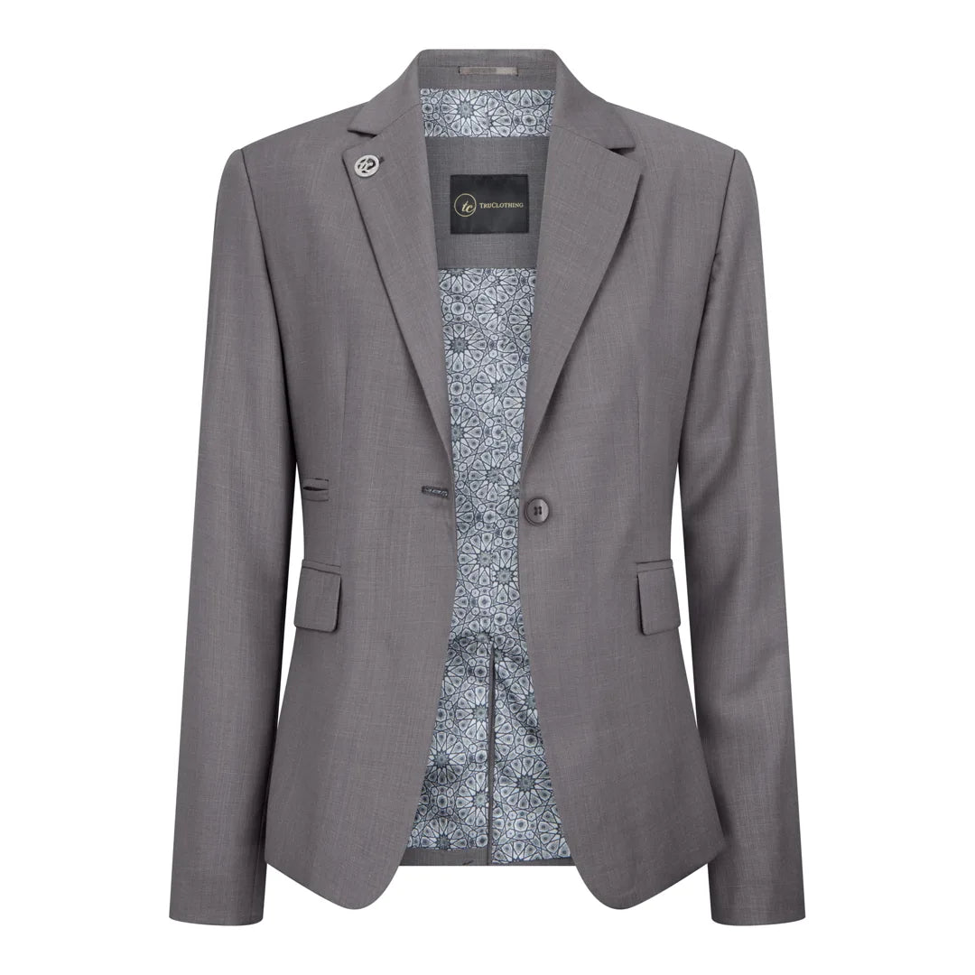 Gray blazer with patterned shirt on a white background