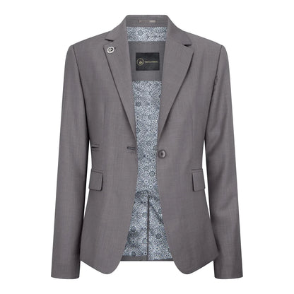 Gray blazer with patterned shirt on a white background