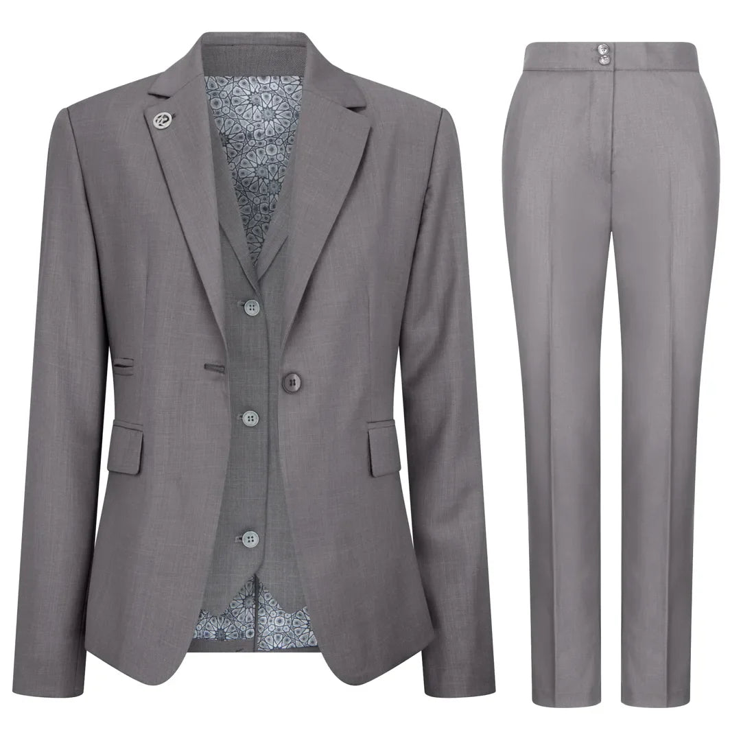 Gray suit jacket and pants on a white background