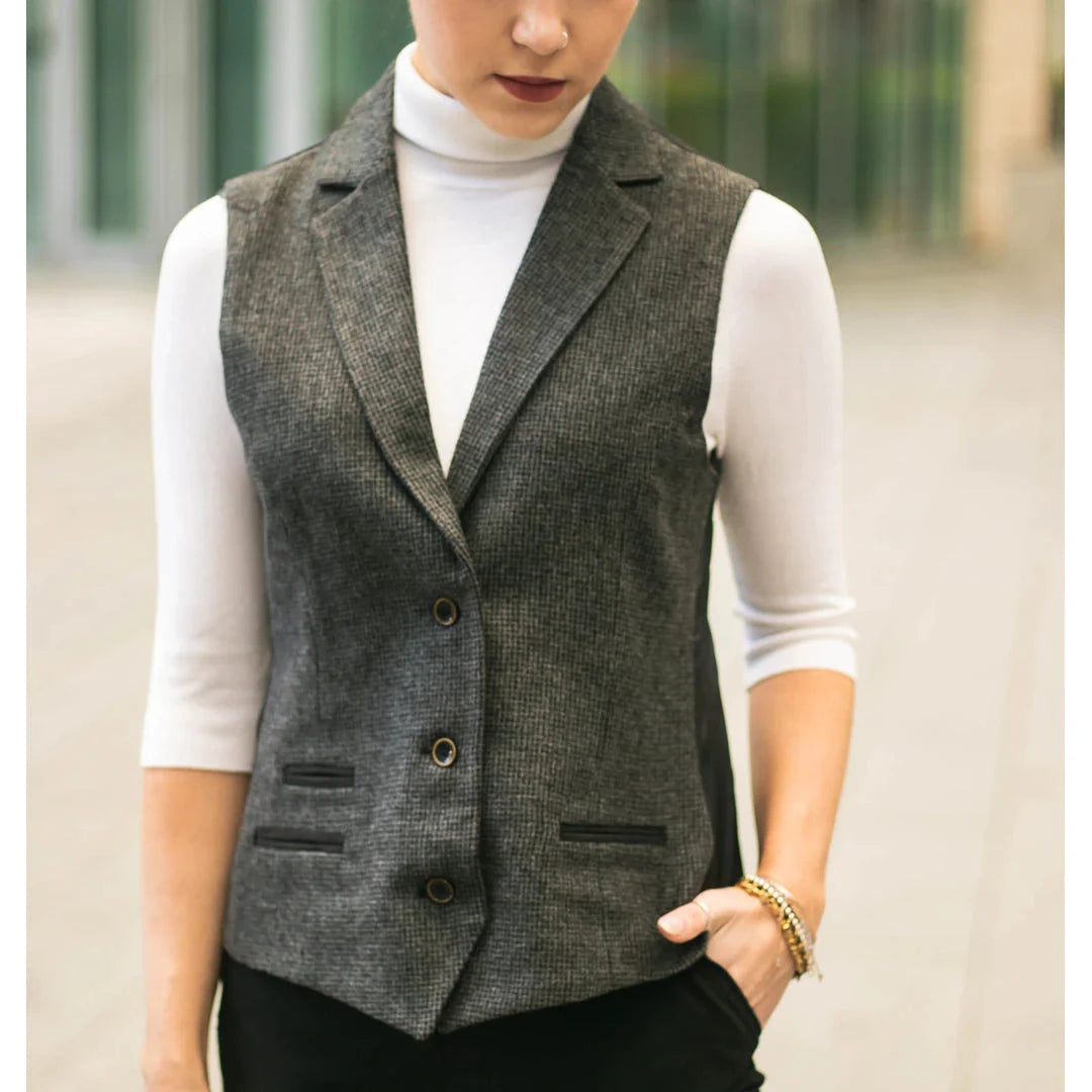 Women Grey Suit Blazer Waistcoat & Trousers in Tweed Herringbone