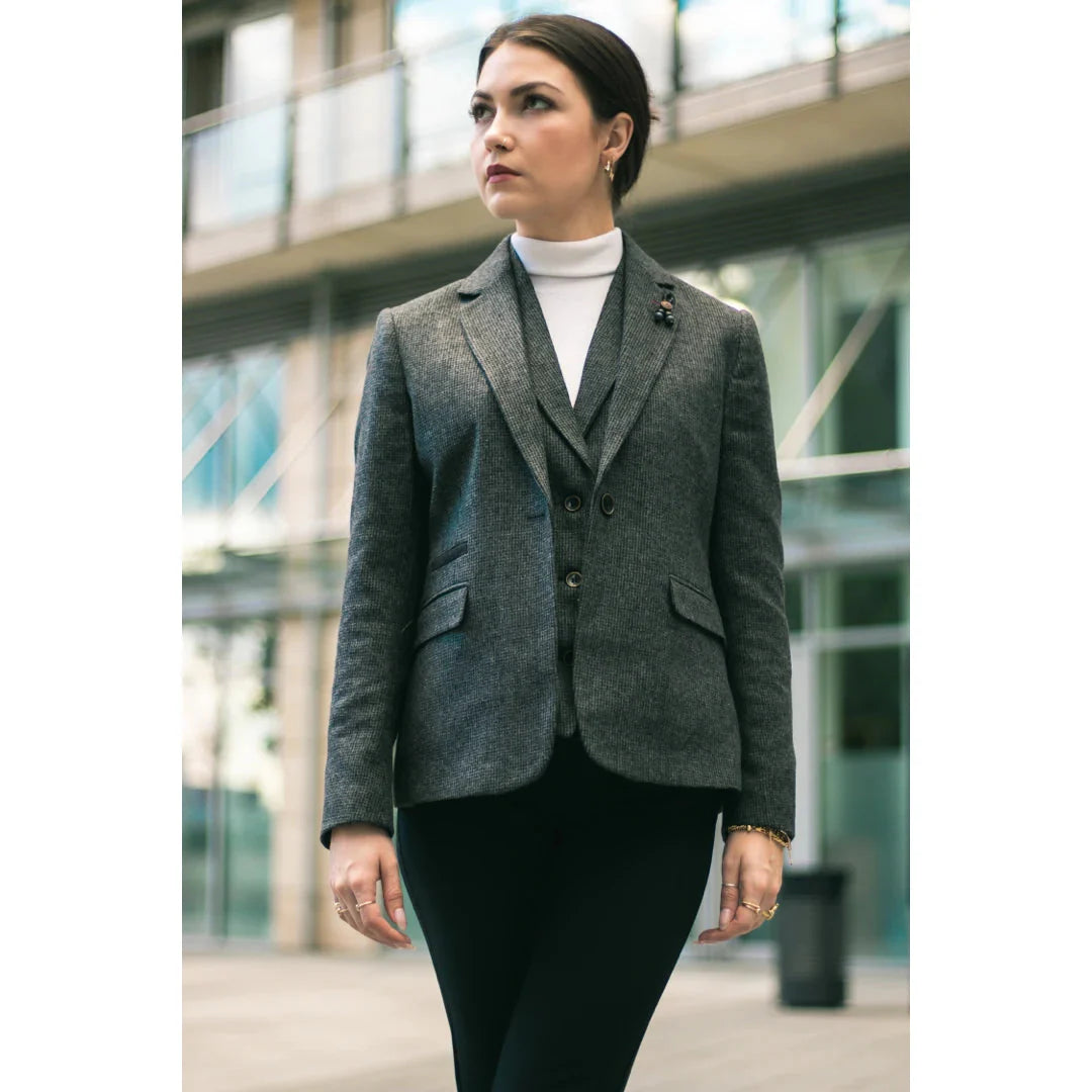 Women Grey Suit Blazer Waistcoat & Trousers in Tweed Herringbone