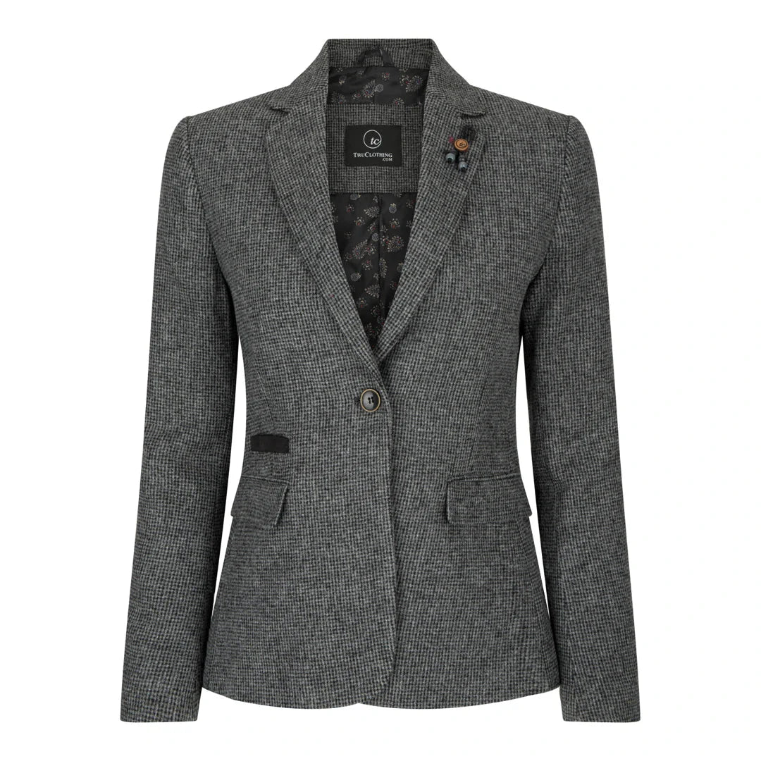 Women Grey Suit Blazer Waistcoat & Trousers in Tweed Herringbone