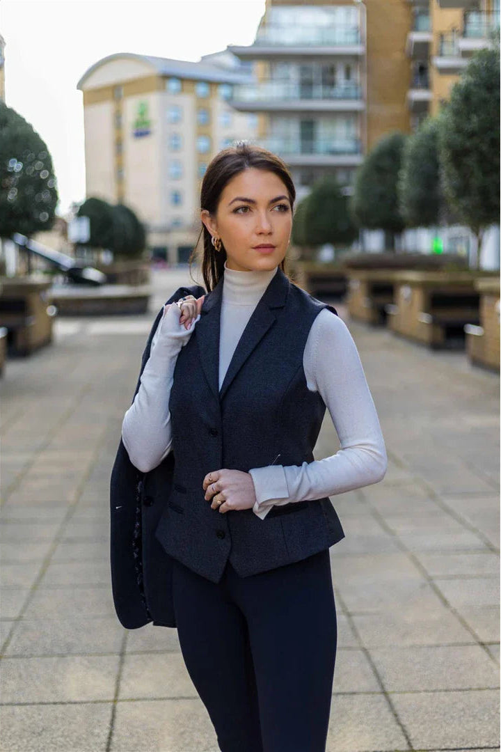 Women Black Blazer Waistcoat Tweed Herringbone Wool Classic 1920s
