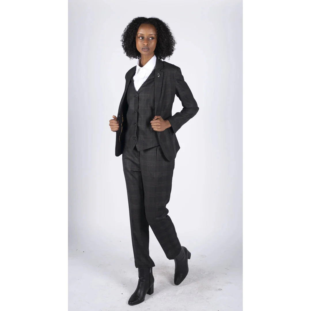 Women's 3 Piece Suit Dark Grey Check Formal Office Work