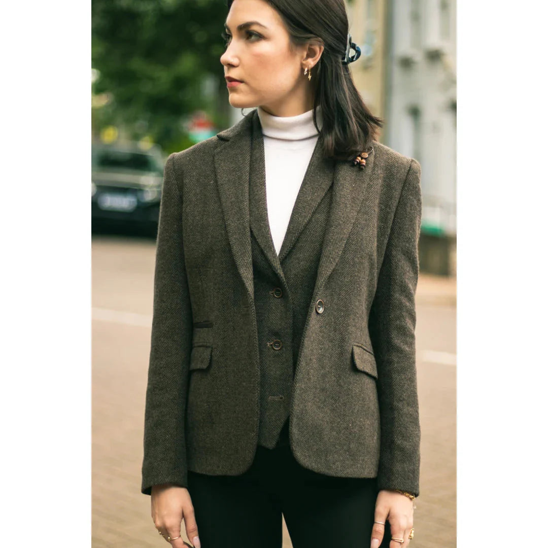 Women's Brown Tweed Blazer Waistcoat & Trouser Classic Suit