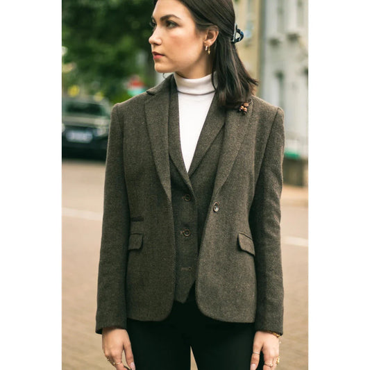 Women's Brown Tweed Blazer Waistcoat & Trouser Classic Suit