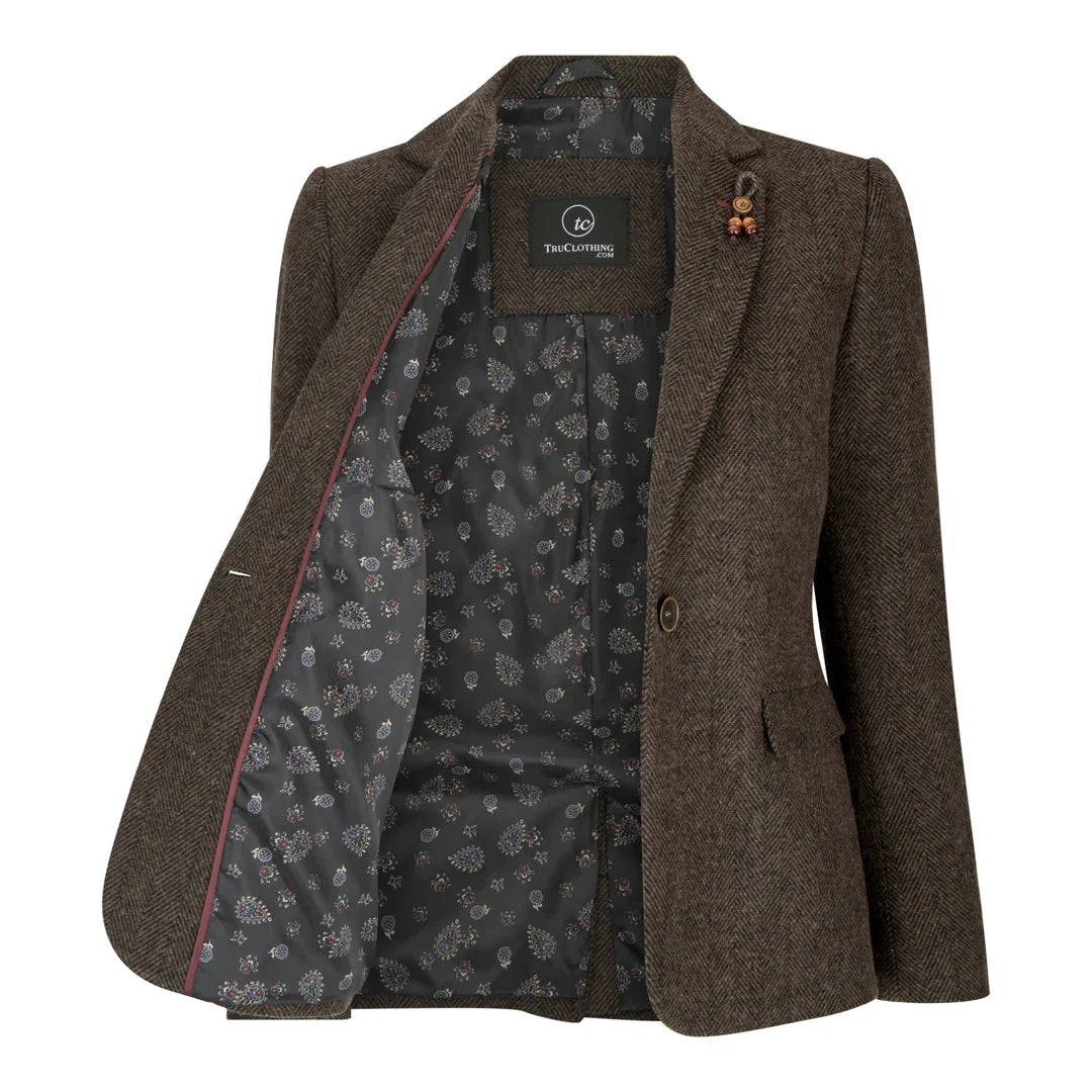 Women's Brown Tweed Blazer Waistcoat & Trouser Classic Suit