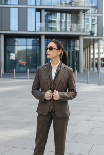 Woman wearing a brown suit standing on a street.