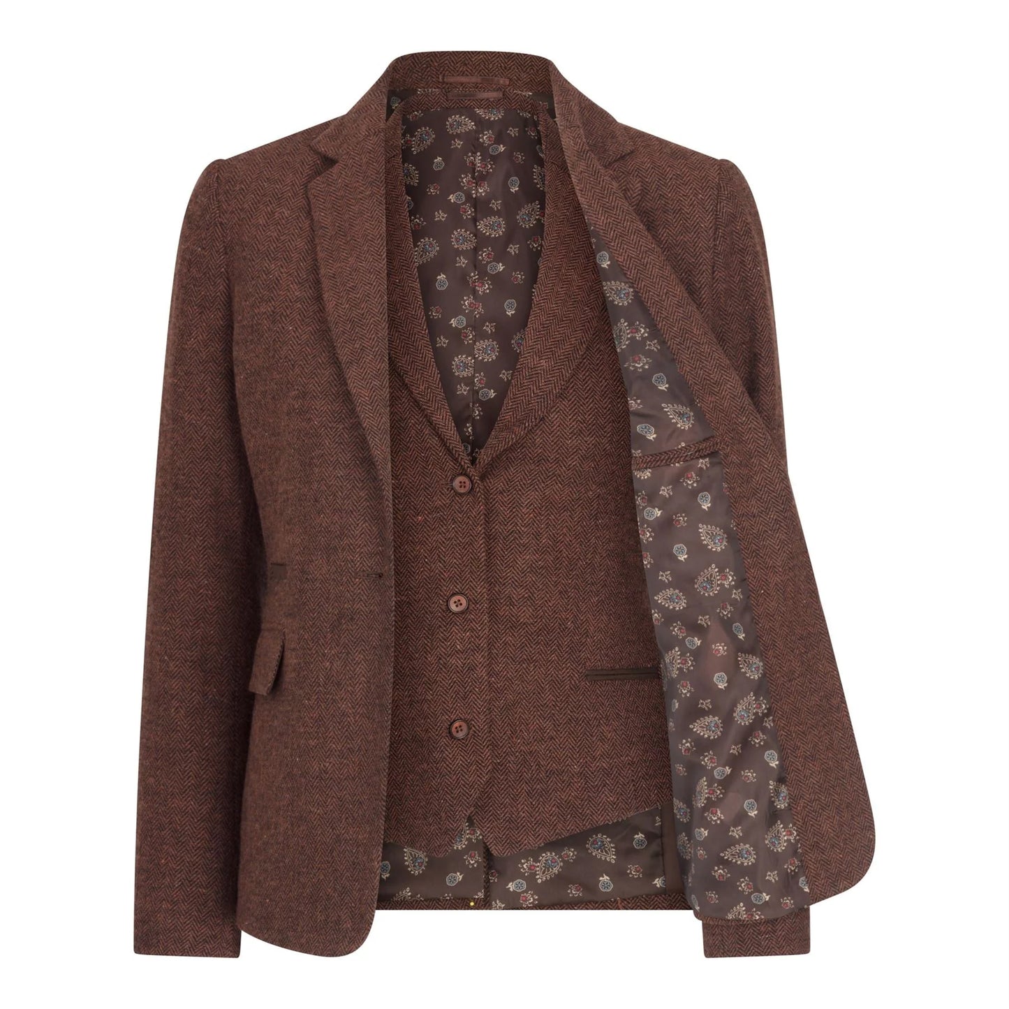 Women's Tweed Wool Suit: Brown Blazer, Trousers, Waistcoat