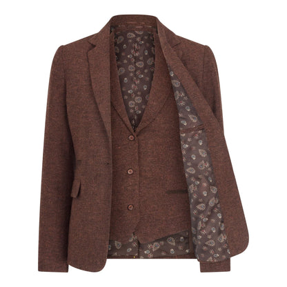 Women's Tweed Wool Suit: Brown Blazer, Trousers, Waistcoat