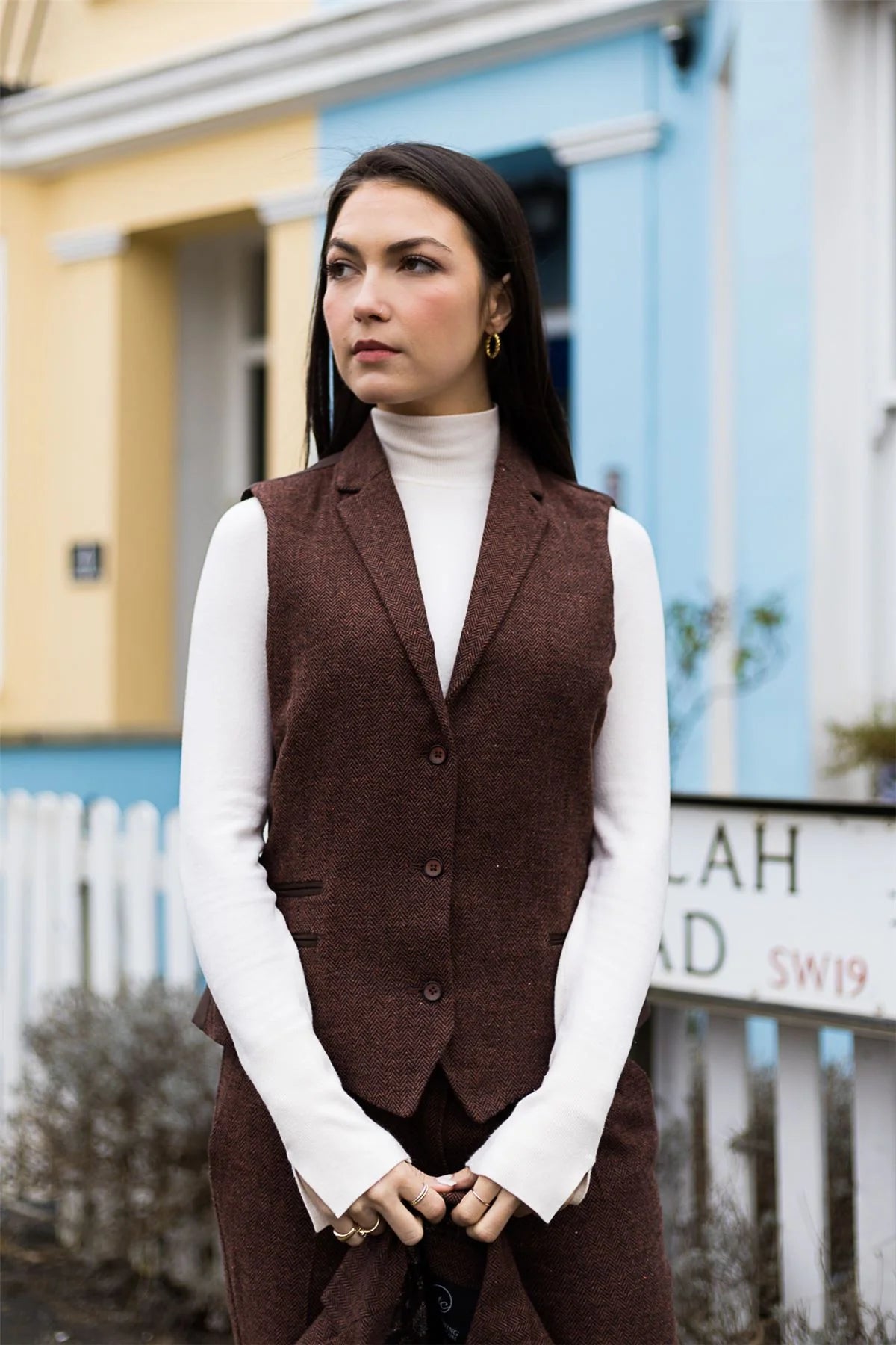 Women's Tweed Wool Suit: Brown Blazer, Trousers, Waistcoat
