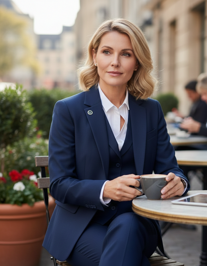 Women's 3 Piece Plain Navy Blue Suit - TPW-14